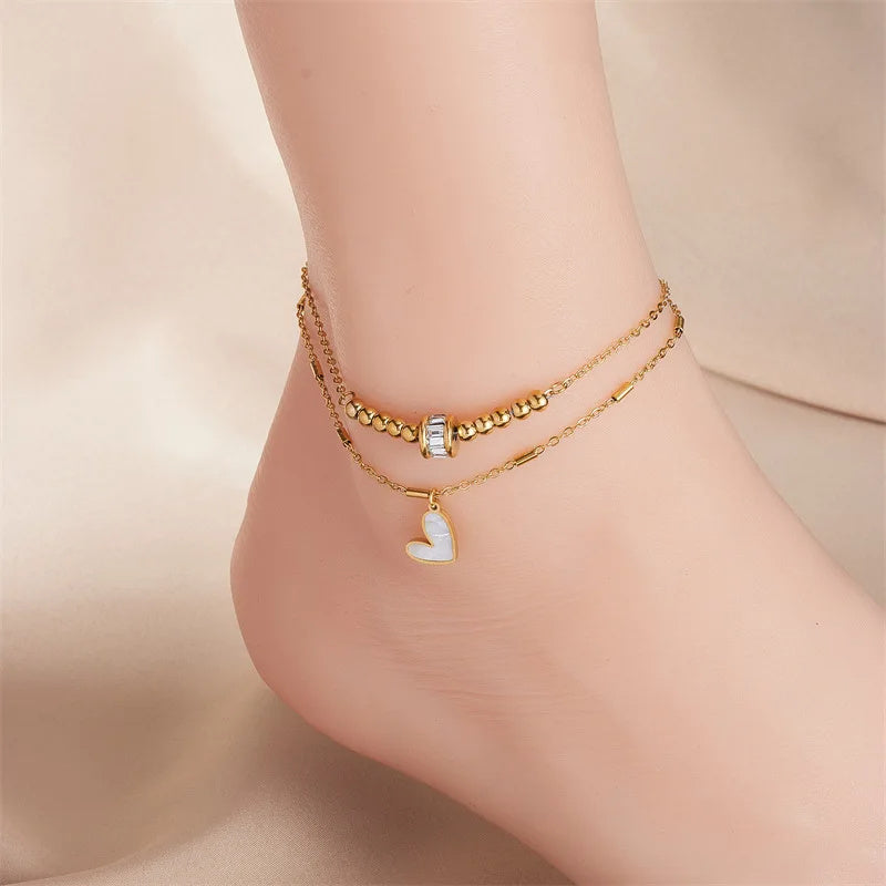 Boho Classic Love Heart Ankle Chain Double Layer Chain Bracelet Anklet